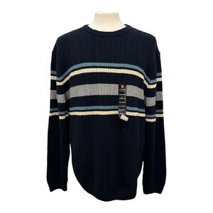 NWT Chaps Men's XXL Cable Knit Dark Blue Stripes Sweater Long Sleeve 100% Cotton